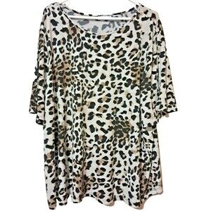 Susan Graver 2X Cheetah Animal Print Blouse Peek a Boo Sleeves